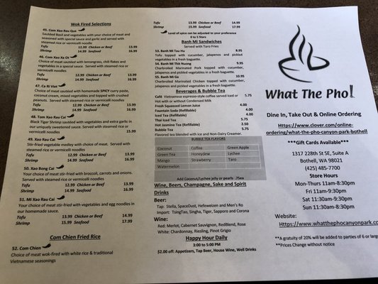 Menu photo 5 What The Pho! - Canyon Park Bothell, WA