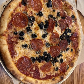 Blaze Pizza - Cheese pizza with black olives and pepperoni - Salad Near Me - Gainesville, Florida