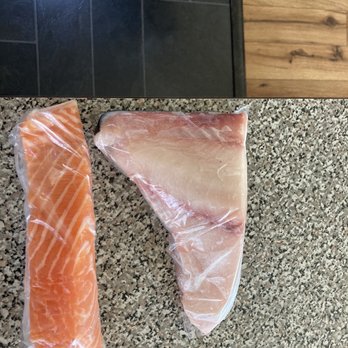 Dry Dock Fish Co - Sushi grade salmon (Sake) left, and sushi grade yellowtail (Hamachi) right. Delicious - Seafood Markets Near Me - Fullerton, California Dry Dock Fish Co - Sushi grade salmon (Sake) left, and sushi grade yellowtail (Hamachi) right. Delicious - Seafood Markets Near Me - Fullerton, California