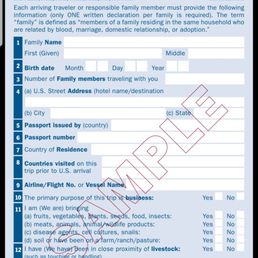 Sample of US Customs and Border Protection form