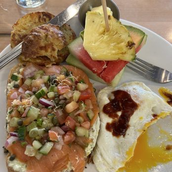 Breakfast Club - Salmon Toast with over medium eggs and jalepeño biscuit - Breakfast & Brunch Near Me - Phoenix, Arizona
