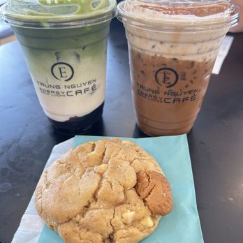 Trung Nguyen E Coffee - (L) blueberry matcha latte (R) banana cream Phin coffee  Biscoff cookie - Coffee & Tea Near Me - Houston, Texas