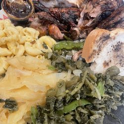 Jerk chicken, cabbage, Mac n chz, callaloo