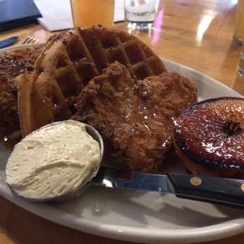 Rooster - Chicken and waffles with mustard maple syrup and miso butter...a must try! - New American Near Me - Newington, Connecticut