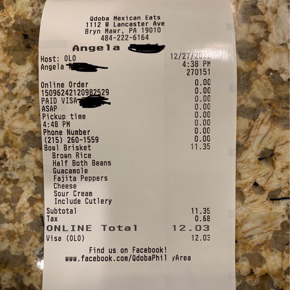 QDOBA Mexican Eats - a receipt for a restaurant - Mexican Near Me - Bryn Mawr, Pennsylvania QDOBA Mexican Eats - a receipt for a restaurant - Mexican Near Me - Bryn Mawr, Pennsylvania