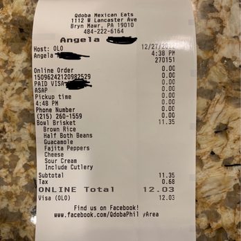 QDOBA Mexican Eats - a receipt for a restaurant - Mexican Near Me - Bryn Mawr, Pennsylvania