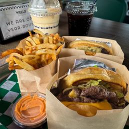 Wells Smash Double Burger and fries with root beer Wells Smash Double Burger and fries with root beer
