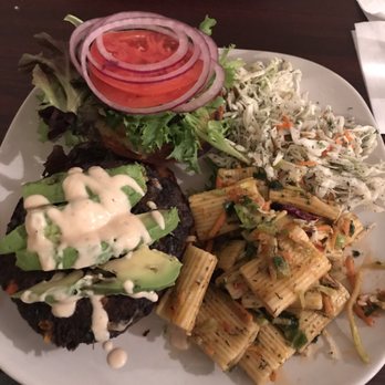 Earth Bistro Cafe - Black bean burger with pasta salad and slaw sides - Vegan Near Me - Cleveland, Ohio