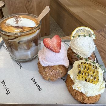 Cafe Blessing - Cream Top Latte and Strawberry, Sweet Corn, & Lemon Earlgrey Scone - Coffee & Tea Near Me - Schaumburg, Illinois