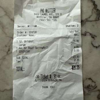 Pho Whittier - Receipt - Vietnamese Near Me - Whittier, California