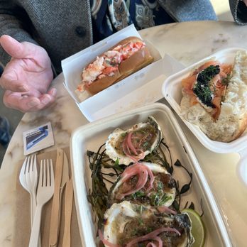 Pier 57 - From the Lobster Place - lobster roll, stuffed oysters and salmon/caviar roll. - Parks Near Me - New York, New York Pier 57 - From the Lobster Place - lobster roll, stuffed oysters and salmon/caviar roll. - Parks Near Me - New York, New York