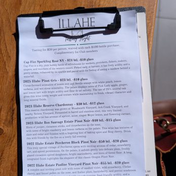 Illahe Vineyards - Tasting menu. - Wineries Near Me - Dallas, Oregon