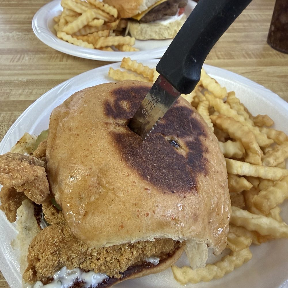 Jim's Bar-B-Que & Catfish - Fish Sandwich in the front and Burger in the back - Barbeque Near Me - Waskom, Texas Jim's Bar-B-Que & Catfish - Fish Sandwich in the front and Burger in the back - Barbeque Near Me - Waskom, Texas