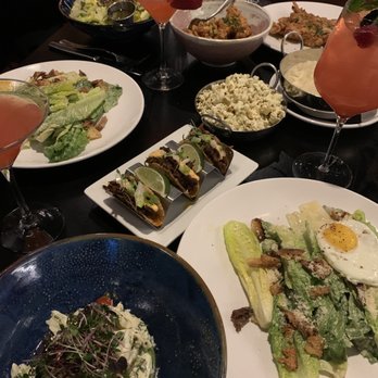 Juliet - Dinner Spread ft. Crab Dip, Cesar Salad, Korean Pork Tacos, Fire Glazed Shrimp, Honey Chicken, Complimentary Popcorn - Steakhouses Near Me - Houston, Texas Juliet - Dinner Spread ft. Crab Dip, Cesar Salad, Korean Pork Tacos, Fire Glazed Shrimp, Honey Chicken, Complimentary Popcorn - Steakhouses Near Me - Houston, Texas