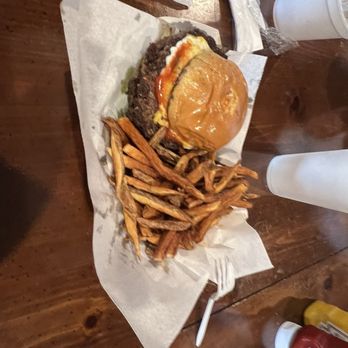 Greasy Cove General Store - Double Cheeseburger and fries. Note:all the trimmings/veggies come under the waxed paper to not cool the burger! - Grocery Near Me - Gallant, Alabama Greasy Cove General Store - Double Cheeseburger and fries. Note:all the trimmings/veggies come under the waxed paper to not cool the burger! - Grocery Near Me - Gallant, Alabama
