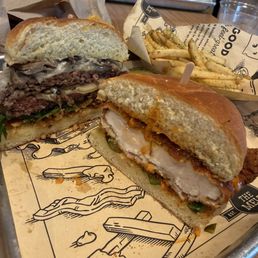 Half SPICY CRISPY CHICKEN and DOUBLE SWISS & SHROOM MELTBURGER