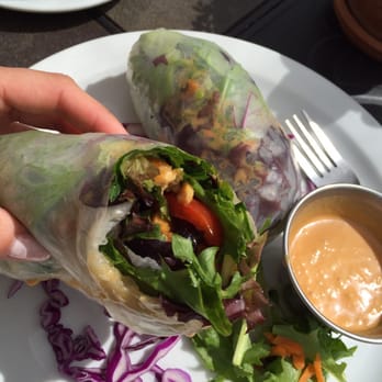 Hip Vegan - Indo wrap (I added avocado which costs an extra $1.50 I think) comes with peanuty sauce and a side of soup or salad. Tasty! - Vegan Near Me - Ojai, California