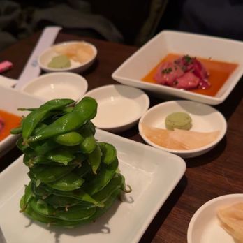 SUGARFISH | Brentwood - Edamame jenga! Tuna sashimi in the back - Sushi Bars Near Me - Los Angeles, California