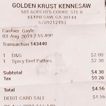 Golden Krust - Receipt for the transaction on the day - Imported Food Near Me - Kennesaw, Georgia