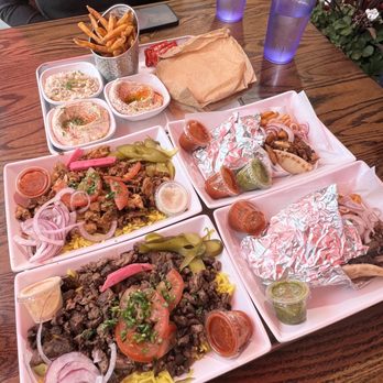 Mazra - Chicken Shawarma Wrap, Steak Shawarma Wrap, Shawarma Plate (chicken and steak), Hummus, Baba Ghanoush, French Fries, Pita Bread - Middle Eastern Near Me - San Bruno, California