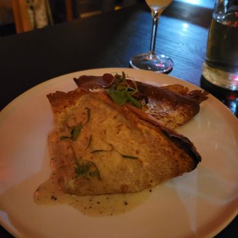 Forsythia - Stuffed crepe with morel mushrooms, gruyere and truffle - Modern European Near Me - Philadelphia, Pennsylvania