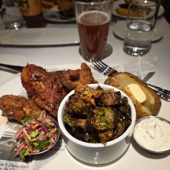Bedford House Pgh - Honey fried chicken with grilled Brussels and baked potato. - American Near Me - Pittsburgh, Pennsylvania Bedford House Pgh - Honey fried chicken with grilled Brussels and baked potato. - American Near Me - Pittsburgh, Pennsylvania