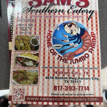 Sam’s Southern Eatery - Front of Menu - Seafood Near Me - Haltom City, Texas Sam’s Southern Eatery - Front of Menu - Seafood Near Me - Haltom City, Texas