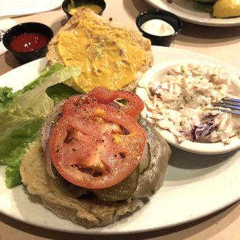 The Dodging Duck Brewhaus & Restaurant - Axis burger, colour not true due to dim lights and my potato camera - New American Near Me - Boerne, Texas