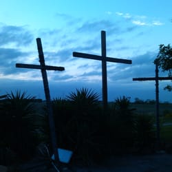 Way of the Cross Ministries - Three crosses at sunset in the grotto.