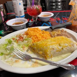 Chicken burrito and strawberry margarita