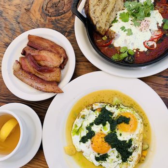 Gjelina - Moroccan baked eggs, crispy egg with summer squash, Slab Bacon, - New American Near Me - Venice, California