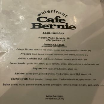 Cafe Bernie - Taco Tuesday menu Jan 25 - Beer, Wine & Spirits Near Me - Miami Beach, Florida