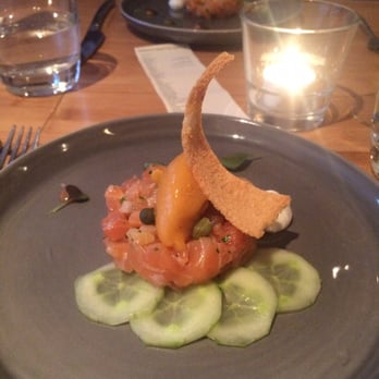 Seasons Restaurant & Bar - Cured Scottish salmon with pickled cucumber, cloudberry sorbet, dill merengue & capers - Bars Near Me - Edinburgh, EDH