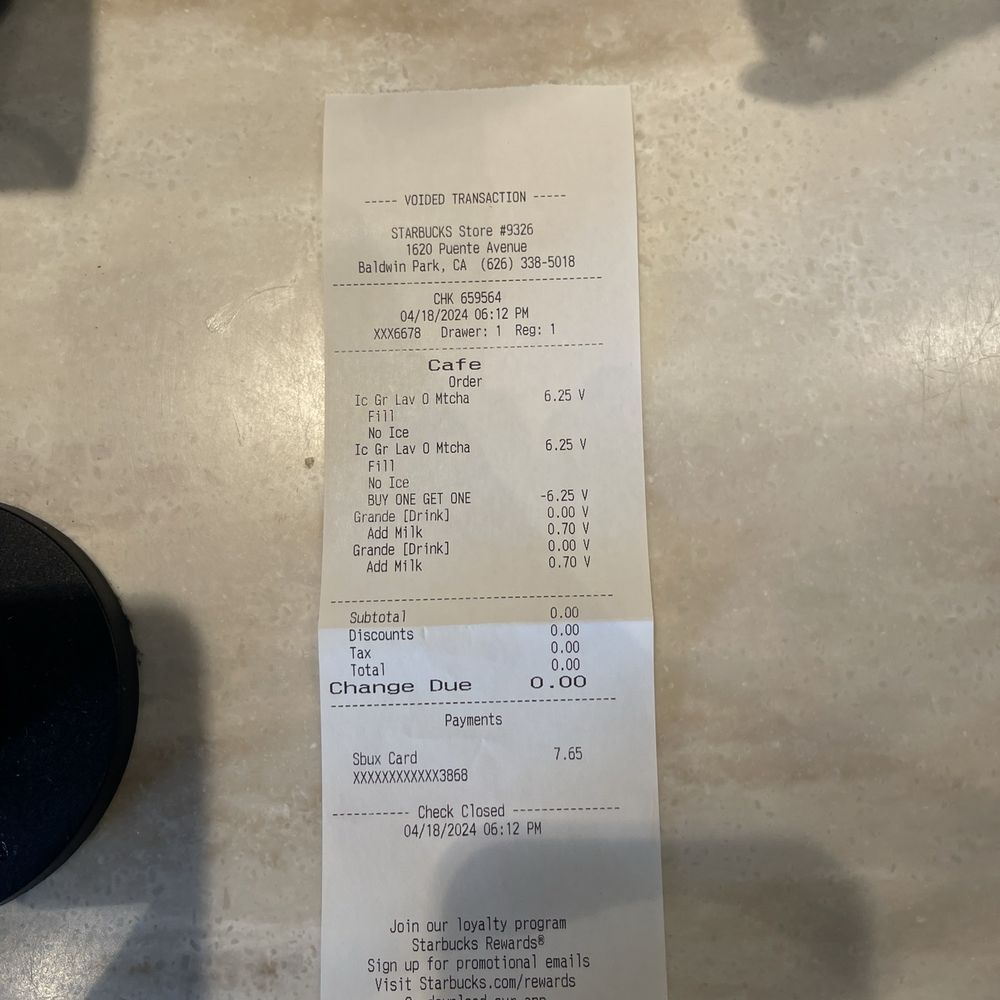 Starbucks - Void invoice - Coffee & Tea Near Me - Baldwin Park, California