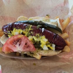 Tommy's Red Hots - Polish w/everything & fries.
