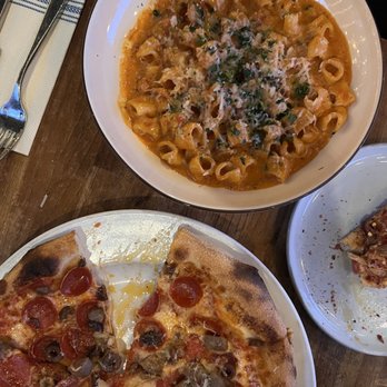 Rosemary Trattoria - Pizza Pepperoni w Sausage and Olives + Mezzi Rigatoni Alla Vodka - Italian Near Me - Coronado, California Rosemary Trattoria - Pizza Pepperoni w Sausage and Olives + Mezzi Rigatoni Alla Vodka - Italian Near Me - Coronado, California
