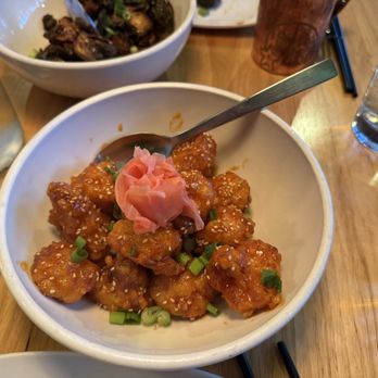 Aji Tram - Cauliflower which is also gluten free- Tempura battered, sweet & spicy sesame gochujang chili glaze, pickled ginger - Asian Fusion Near Me - Lake Oswego, Oregon