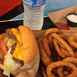 Classic Burger w/ crispy onion rings. (Really good!)