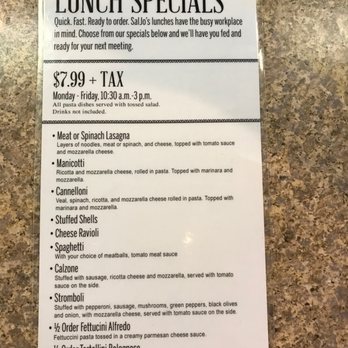 Saljo's Pizza - 10/5/2018. Lunch specials (Mon-Fri ONLY) - Pizza Near Me - Pantego, Texas Saljo's Pizza - 10/5/2018. Lunch specials (Mon-Fri ONLY) - Pizza Near Me - Pantego, Texas