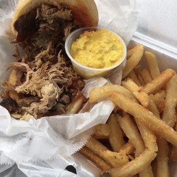 Riley’s Smokehouse - Pulled pork, fries, and chow-chow (what looks like potato salad). - Barbeque Near Me - Marion, Illinois Riley’s Smokehouse - Pulled pork, fries, and chow-chow (what looks like potato salad). - Barbeque Near Me - Marion, Illinois