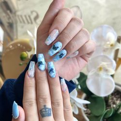Blue coffin nails, clouds, butterfly, diamonds, baby blue
