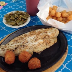 Sunset Grill & Marina - Grilled Catfish with tater tots and green beans.