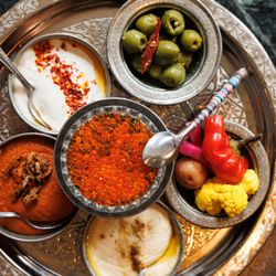 Dalida - Mezes, smoked yogurt, hummus, muhammara, marinated olives (NOT pitted), pickles
