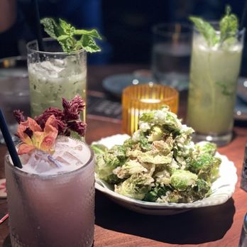 Sushi Roku - Brussels Chips, Hibiscus w/tequila, & a green non alcohol drink. - Sushi Bars Near Me - Austin, Texas Sushi Roku - Brussels Chips, Hibiscus w/tequila, & a green non alcohol drink. - Sushi Bars Near Me - Austin, Texas