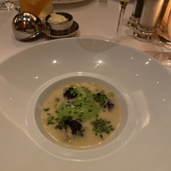 Gary Danko - Glazed pacific oysters with osetra caviar, leek fondue, zucchini pearls, and lettuce cream. So good! - New American Near Me - San Francisco, California