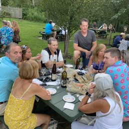 Picnic tables can fit 8, or more if you squeeze. Picnic tables can fit 8, or more if you squeeze.