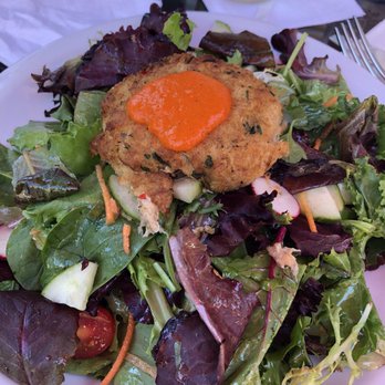 Catchy - Crabcake lunch special. Mesclun  salad lightly dressed. - Cafes Near Me - Ho-Ho-Kus, New Jersey