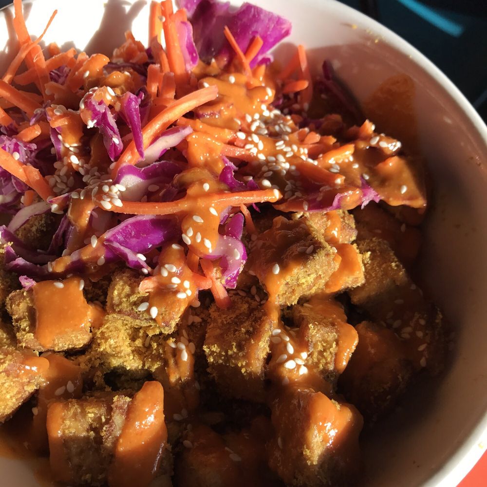The Bye and Bye - The Samurai bowl: Nooch breaded tofu, carrot-cabbage slaw, brown rice, and SPICY miso chile sauce, topped with roasted sesame seeds - Vegan Near Me - Portland, Oregon The Bye and Bye - The Samurai bowl: Nooch breaded tofu, carrot-cabbage slaw, brown rice, and SPICY miso chile sauce, topped with roasted sesame seeds - Vegan Near Me - Portland, Oregon