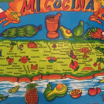 El Bajareque Restaurant - Map of Puerto Rico- traditional table mat - Latin American Near Me - Miami, Florida