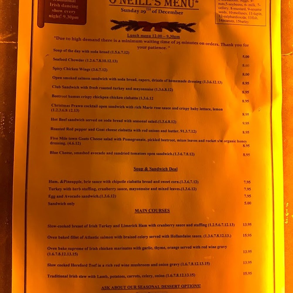 O'Neills Bar & Restaurant - Menu as of December 2019 - Irish Near Me - Dublin, D O'Neills Bar & Restaurant - Menu as of December 2019 - Irish Near Me - Dublin, D